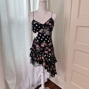 For Love And Lemons Pink and White Asymmetrical Ruffled Cocktail Dress